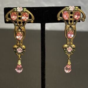 Vtg Art Nouveau Style Earrings Clip-on Pink Drop Floral Jewelry